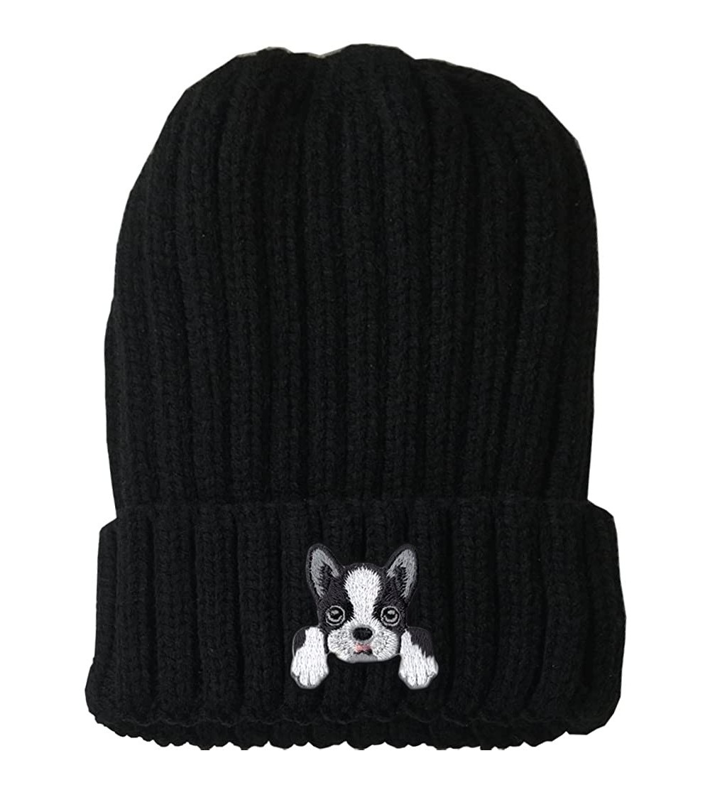 Skullies & Beanies [ Boston Terrier ] Cute Embroidered Puppy Dog Warm Knit Fleece Winter Beanie Skull Cap - Black - CH189RWWI...