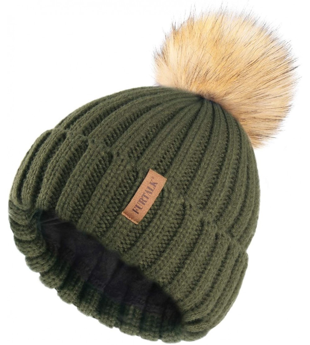 Skullies & Beanies Womens Winter Knitted Beanie Hat with Faux Fur Pom Fleece Lined Warm Beanie for Women - 14-pine Green - CK...