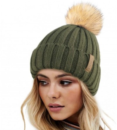 Skullies & Beanies Womens Winter Knitted Beanie Hat with Faux Fur Pom Fleece Lined Warm Beanie for Women - 14-pine Green - CK...