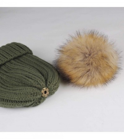 Skullies & Beanies Womens Winter Knitted Beanie Hat with Faux Fur Pom Fleece Lined Warm Beanie for Women - 14-pine Green - CK...