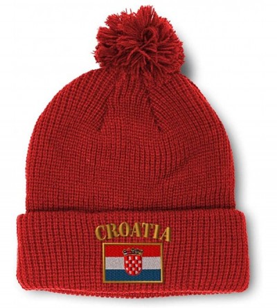 Skullies & Beanies Winter Pom Pom Beanie for Men & Women Croatia Flag Embroidery Skull Cap Hat - Red - C118ZH82XQ0 $16.93