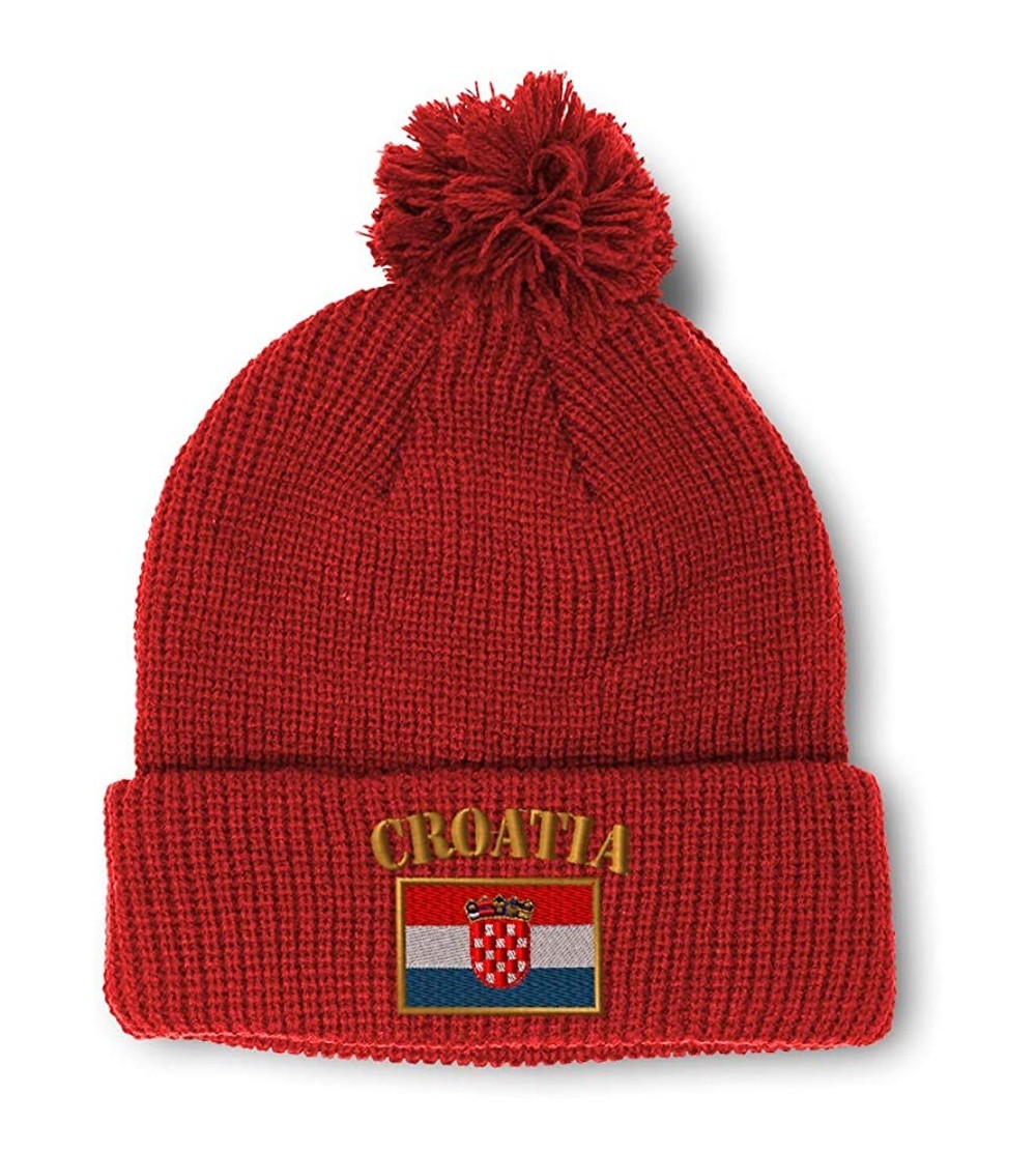 Skullies & Beanies Winter Pom Pom Beanie for Men & Women Croatia Flag Embroidery Skull Cap Hat - Red - C118ZH82XQ0 $16.93