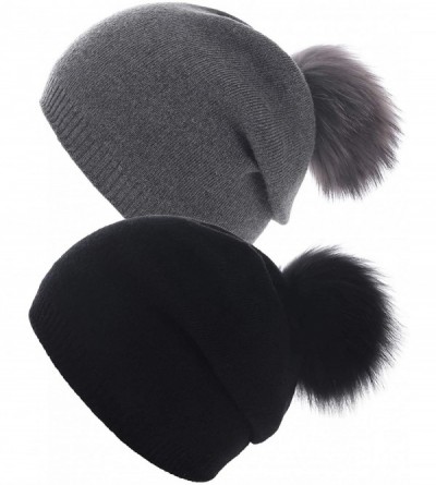 Skullies & Beanies Women Knit Wool Beanie - Winter Solid Cashmere Ski Hats Real Raccoon Fur Pom Pom - 15- Black/Dark Grey 2pc...