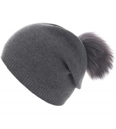 Skullies & Beanies Women Knit Wool Beanie - Winter Solid Cashmere Ski Hats Real Raccoon Fur Pom Pom - 15- Black/Dark Grey 2pc...