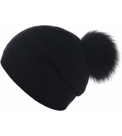 Skullies & Beanies Women Knit Wool Beanie - Winter Solid Cashmere Ski Hats Real Raccoon Fur Pom Pom - 15- Black/Dark Grey 2pc...