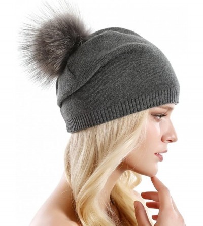 Skullies & Beanies Women Knit Wool Beanie - Winter Solid Cashmere Ski Hats Real Raccoon Fur Pom Pom - 15- Black/Dark Grey 2pc...