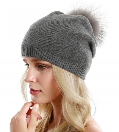 Skullies & Beanies Women Knit Wool Beanie - Winter Solid Cashmere Ski Hats Real Raccoon Fur Pom Pom - 15- Black/Dark Grey 2pc...