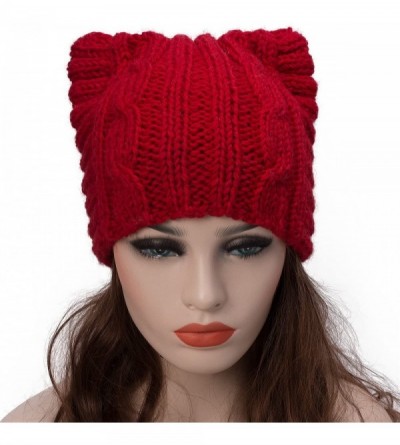 Skullies & Beanies Cute Meow Kitty Woman Wool Handmade Knit Cap Beanie Hat A004 - Red - CL11N3G5YU1 $15.54