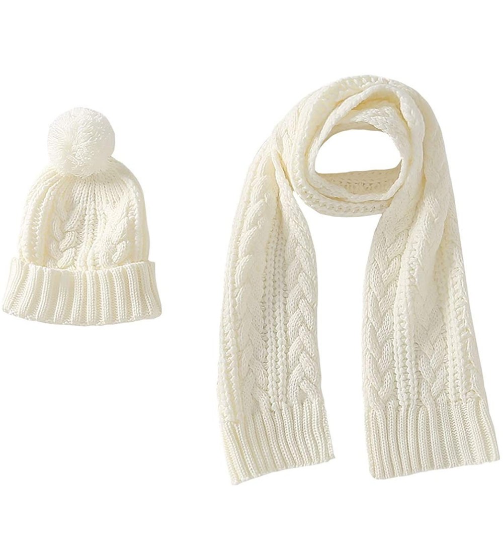 Skullies & Beanies Women's Winter Warm Beanie Hat Scarf Set Girls Solid Fuzzy Pom Knit Ski Skully Cap - White - CI187DH5NYH $...
