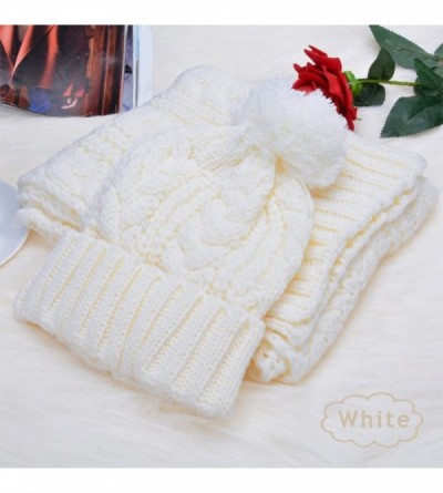 Skullies & Beanies Women's Winter Warm Beanie Hat Scarf Set Girls Solid Fuzzy Pom Knit Ski Skully Cap - White - CI187DH5NYH $...