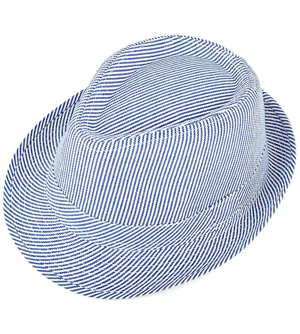 Fedoras Unisex Summer Short Brim Fedora - Hats for Men & Women + Panama Hats & Straw Hats - Blue Pinstripe - CG17YTO6S2X $10.88