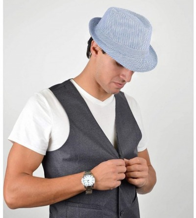 Fedoras Unisex Summer Short Brim Fedora - Hats for Men & Women + Panama Hats & Straw Hats - Blue Pinstripe - CG17YTO6S2X $10.88