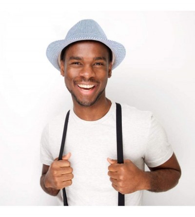 Fedoras Unisex Summer Short Brim Fedora - Hats for Men & Women + Panama Hats & Straw Hats - Blue Pinstripe - CG17YTO6S2X $10.88
