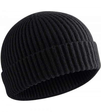 Skullies & Beanies 50% Wool Short Knit Fisherman Beanie for Men Women Winter Cuffed Hats - 1black - CA18AA02ORR $11.31