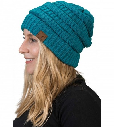 Skullies & Beanies Solid Ribbed Beanie Slouchy Soft Stretch Cable Knit Warm Skull Cap - Teal - CP126VPQWWJ $8.74