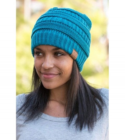 Skullies & Beanies Solid Ribbed Beanie Slouchy Soft Stretch Cable Knit Warm Skull Cap - Teal - CP126VPQWWJ $8.74