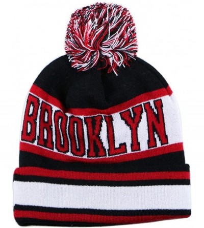Skullies & Beanies Sk1130 Brooklyn Stripes Pom Pom Beanie Hats - Black/Red - CD11PEEQS19 $13.05