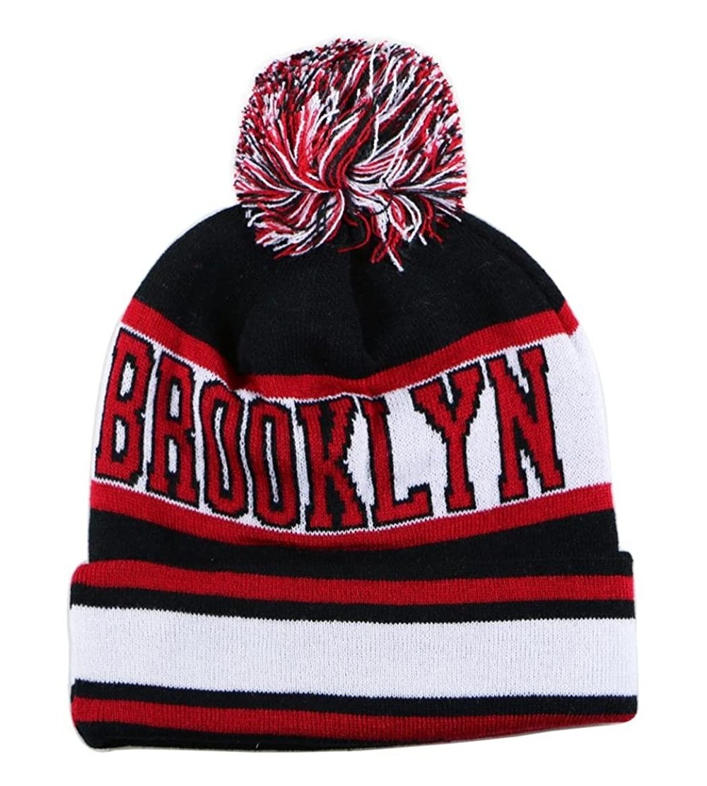 Skullies & Beanies Sk1130 Brooklyn Stripes Pom Pom Beanie Hats - Black/Red - CD11PEEQS19 $13.05
