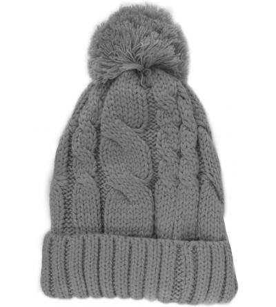 Skullies & Beanies Fleece Lined Warm Knitted Slouchy Pom Pom Cable Beanie Cap Hat - Grey - CD1874USXHZ $9.84