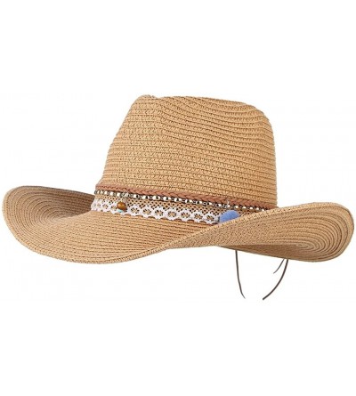 Sun Hats Cowboy Cowgirl Floppy Sun Hat Fedora Straw Wide Brim Bucket Beach Cap - Camel - C418D6NG3AR $11.56