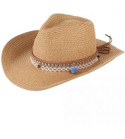 Sun Hats Cowboy Cowgirl Floppy Sun Hat Fedora Straw Wide Brim Bucket Beach Cap - Camel - C418D6NG3AR $11.56