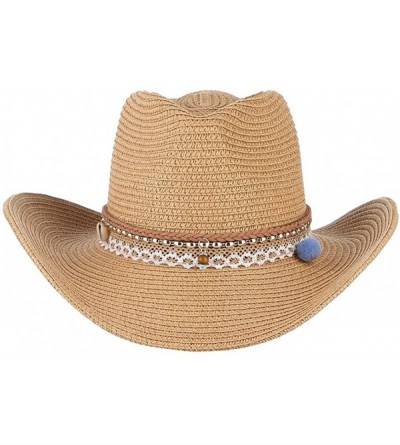 Sun Hats Cowboy Cowgirl Floppy Sun Hat Fedora Straw Wide Brim Bucket Beach Cap - Camel - C418D6NG3AR $11.56