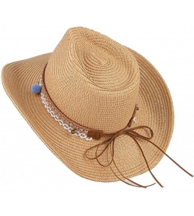 Sun Hats Cowboy Cowgirl Floppy Sun Hat Fedora Straw Wide Brim Bucket Beach Cap - Camel - C418D6NG3AR $11.56