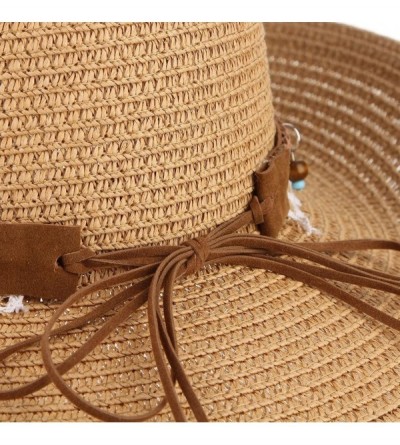 Sun Hats Cowboy Cowgirl Floppy Sun Hat Fedora Straw Wide Brim Bucket Beach Cap - Camel - C418D6NG3AR $11.56