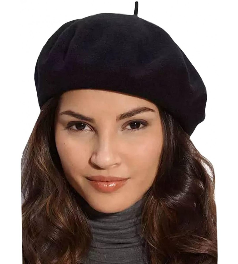 Berets Women Wool Beret Hat French Style Solid Color - Black - C918ENAQNDZ $9.49