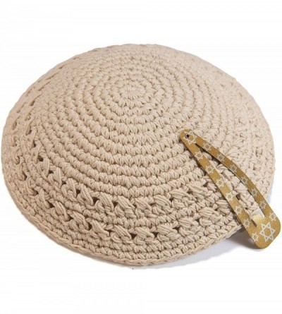 Skullies & Beanies Classic Knitted 20cm Brown Beige Cotton Kippah Jewish Traditional Yarmulke - CV11KXWGOFH $13.29