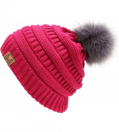 Skullies & Beanies Women's Soft Stretch Cable Knit Warm Skully Faux Fur Pom Pom Beanie Hats - Fuchsia - CE18GQQCQYD $9.66