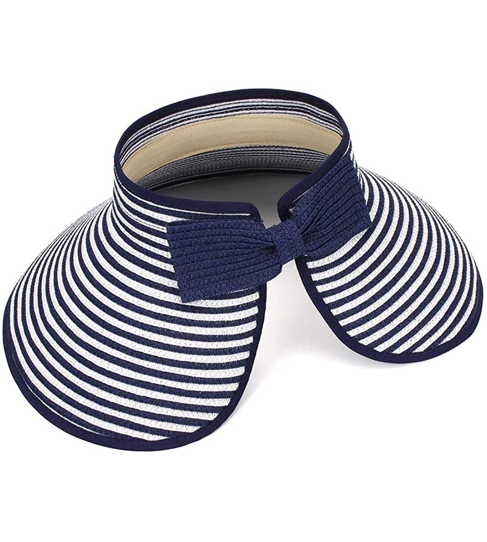 Sun Hats Women Sun Hat Lady's Portable Beach Visor Bowknot Roll-up Wide Brim Summer Straw Hat - Navy Stripe - C918R3Q8NIS $12.06