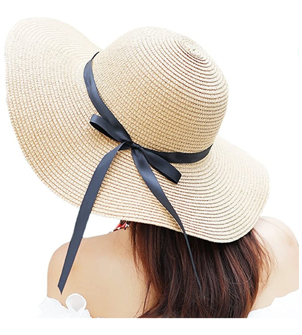 Sun Hats Women's Big Brim Sun Hat Floppy Foldable Bowknot Straw Hat Summer Beach Hat - Beige - CU1804STHGY $12.50