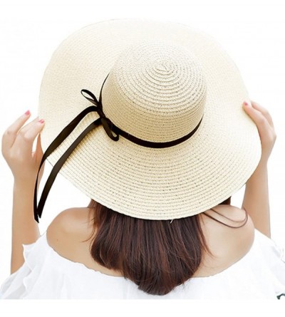 Sun Hats Women's Big Brim Sun Hat Floppy Foldable Bowknot Straw Hat Summer Beach Hat - Beige - CU1804STHGY $12.50