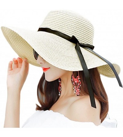 Sun Hats Women's Big Brim Sun Hat Floppy Foldable Bowknot Straw Hat Summer Beach Hat - Beige - CU1804STHGY $12.50