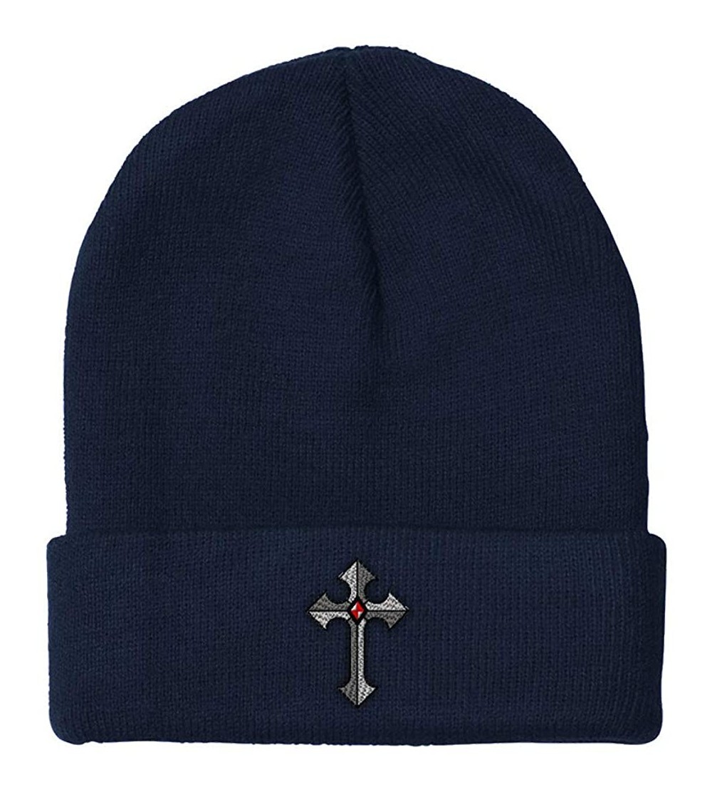 Skullies & Beanies Custom Beanie for Men & Women Religious Gothic Cross Embroidery Skull Cap Hat - Navy - CW18ZS3ST5G $15.99
