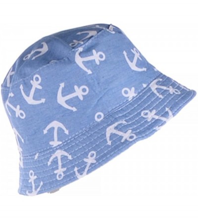 Bucket Hats Packable Reversible Black Printed Fisherman Bucket Sun Hat- Many Patterns - Anchor Light Denim - CI12DAEA2TL $16.23