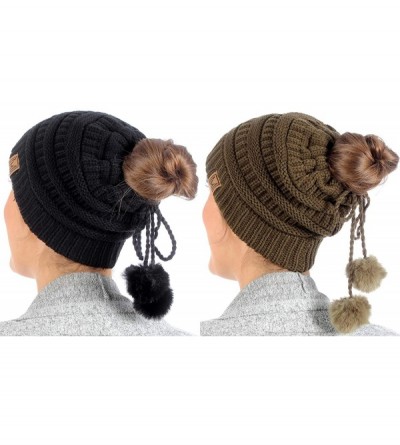 Skullies & Beanies Women's Ponytail Messy Bun Beanie Ribbed Knit Hat Cap with Adjustable Pom Pom String (2 Pack - Black & Oli...