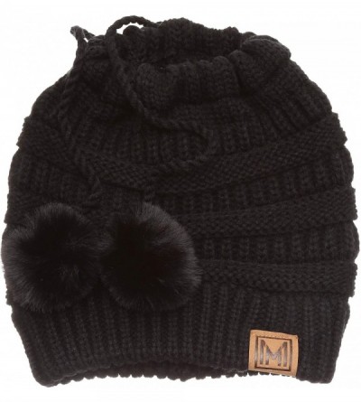 Skullies & Beanies Women's Ponytail Messy Bun Beanie Ribbed Knit Hat Cap with Adjustable Pom Pom String (2 Pack - Black & Oli...