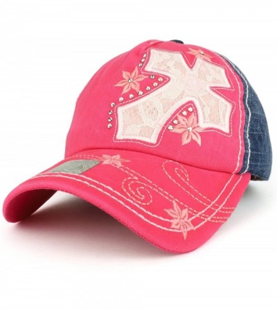 Baseball Caps Cross Embroidered Stitch Multi Color Baseball Cap - Denim Hot Pink - CY189988TKW $45.86