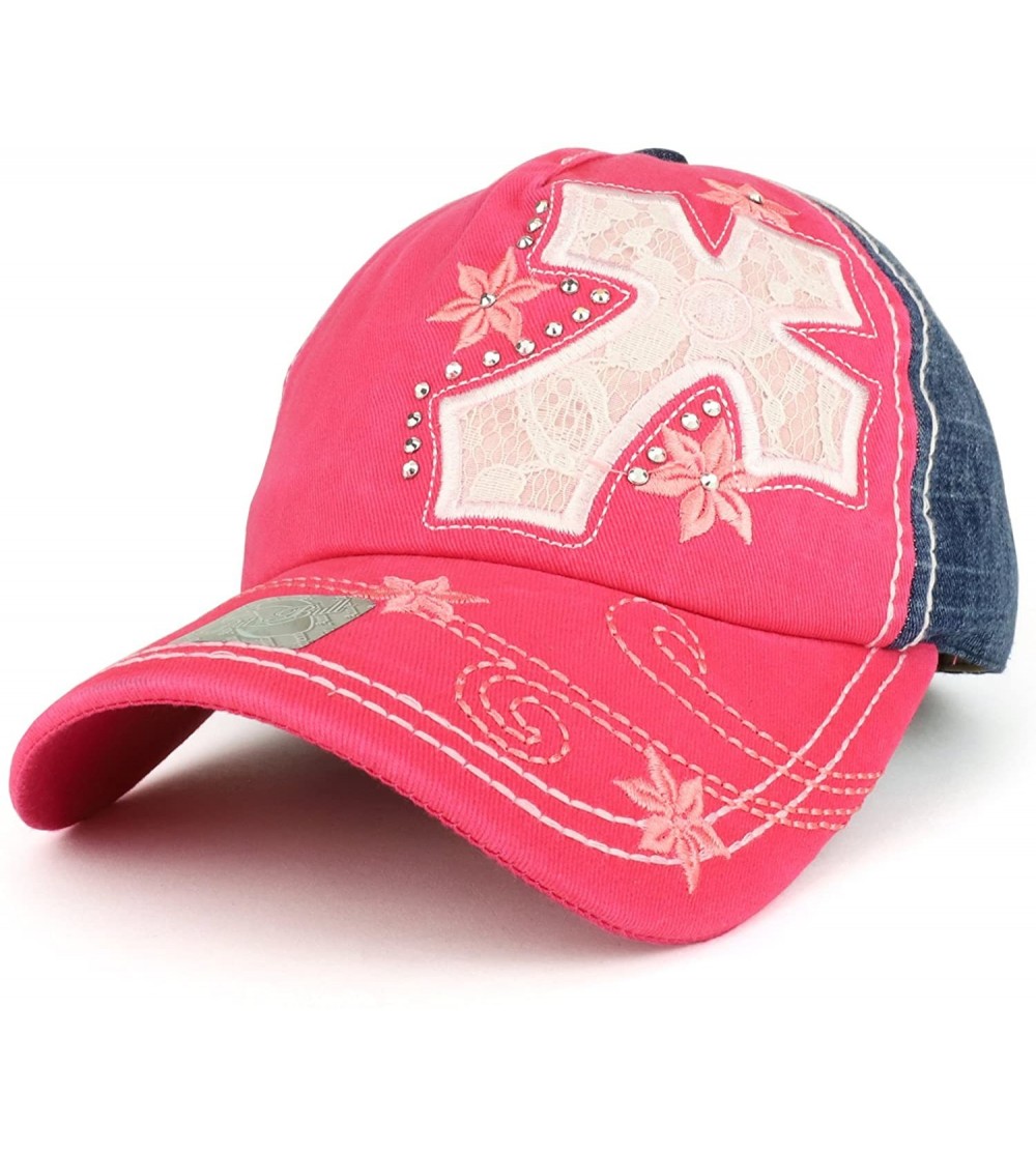 Baseball Caps Cross Embroidered Stitch Multi Color Baseball Cap - Denim Hot Pink - CY189988TKW $25.07