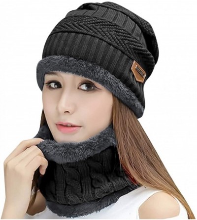 Skullies & Beanies Womens Beanie Winter Hat Scarf Set Slouchy Warm Snow Knit Skull Cap - Beanie + Scarf (Black) - CG12NT7F906...