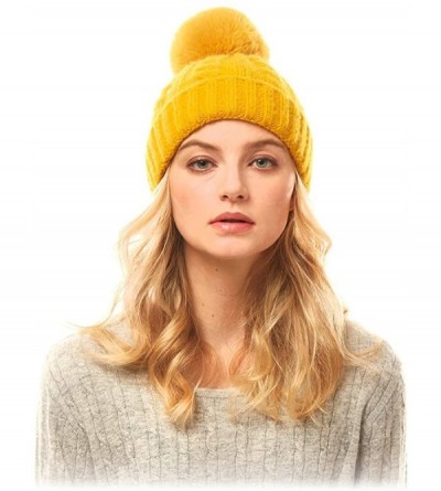 Skullies & Beanies Me Plus Women Fashion Fall Winter Soft Cable Knitted Faux Fur Pom Pom Beanie Hat - Cable Knit - Mustard - ...