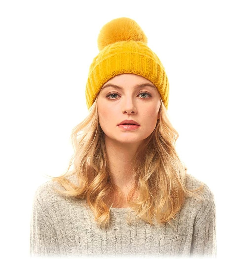 Skullies & Beanies Me Plus Women Fashion Fall Winter Soft Cable Knitted Faux Fur Pom Pom Beanie Hat - Cable Knit - Mustard - ...