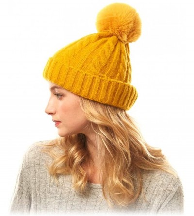 Skullies & Beanies Me Plus Women Fashion Fall Winter Soft Cable Knitted Faux Fur Pom Pom Beanie Hat - Cable Knit - Mustard - ...