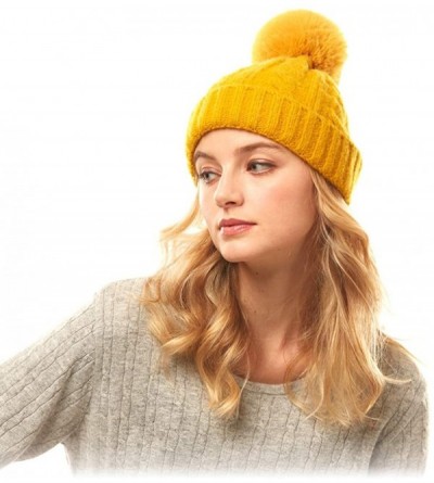 Skullies & Beanies Me Plus Women Fashion Fall Winter Soft Cable Knitted Faux Fur Pom Pom Beanie Hat - Cable Knit - Mustard - ...