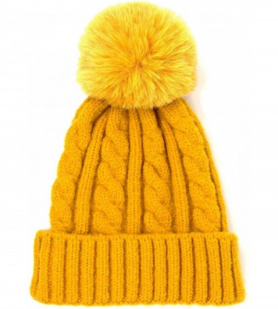 Skullies & Beanies Me Plus Women Fashion Fall Winter Soft Cable Knitted Faux Fur Pom Pom Beanie Hat - Cable Knit - Mustard - ...