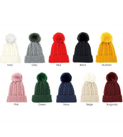 Skullies & Beanies Me Plus Women Fashion Fall Winter Soft Cable Knitted Faux Fur Pom Pom Beanie Hat - Cable Knit - Mustard - ...