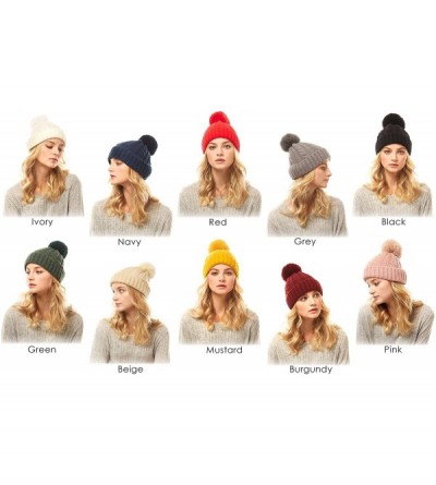 Skullies & Beanies Me Plus Women Fashion Fall Winter Soft Cable Knitted Faux Fur Pom Pom Beanie Hat - Cable Knit - Mustard - ...