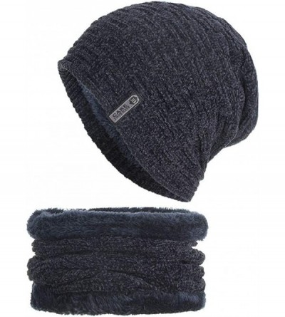 Skullies & Beanies 2PCS Set Unisex Knitted Thick Cap Hedging Head Hat Beanie Warm Caps+Neck Warmers Suit - Navy - CX18L3C984Q...